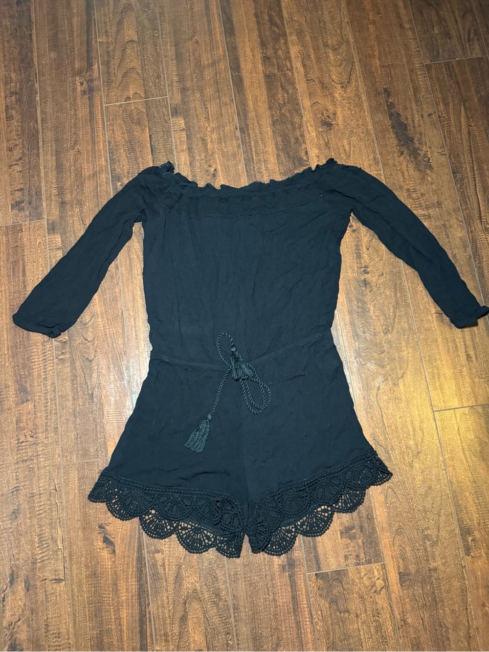 Hot Kiss Black Off-Shoulder Romper with Crochet Trim